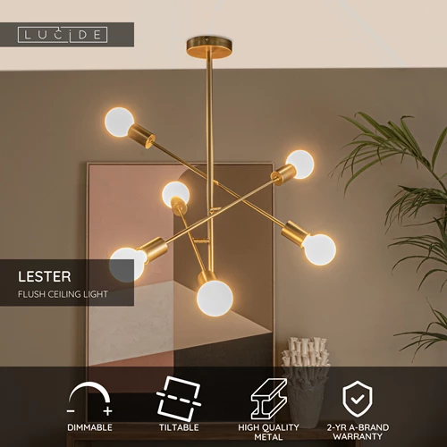 Lucide LESTER - Flush ceiling light - 6xE27 - Matt Gold / Brass - USP